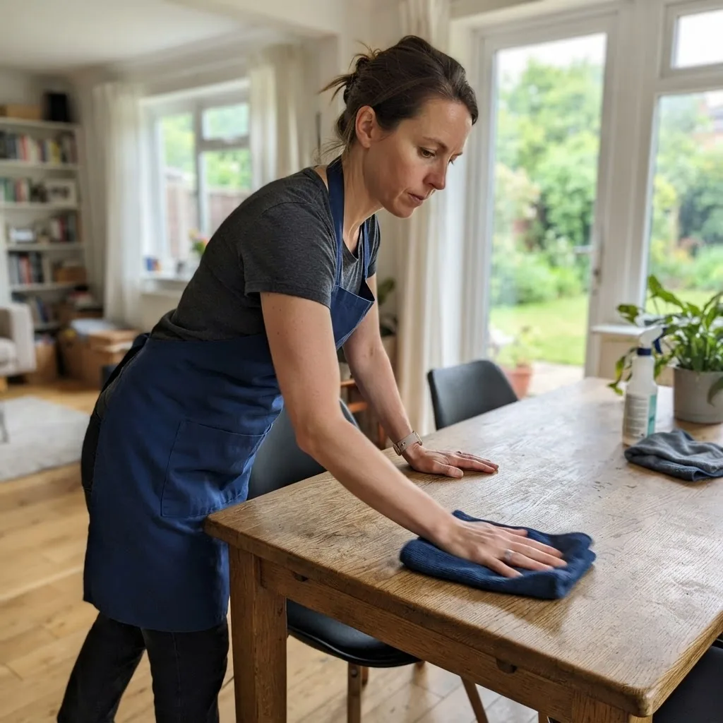 A professional cleaner detailing a bright, upscale home